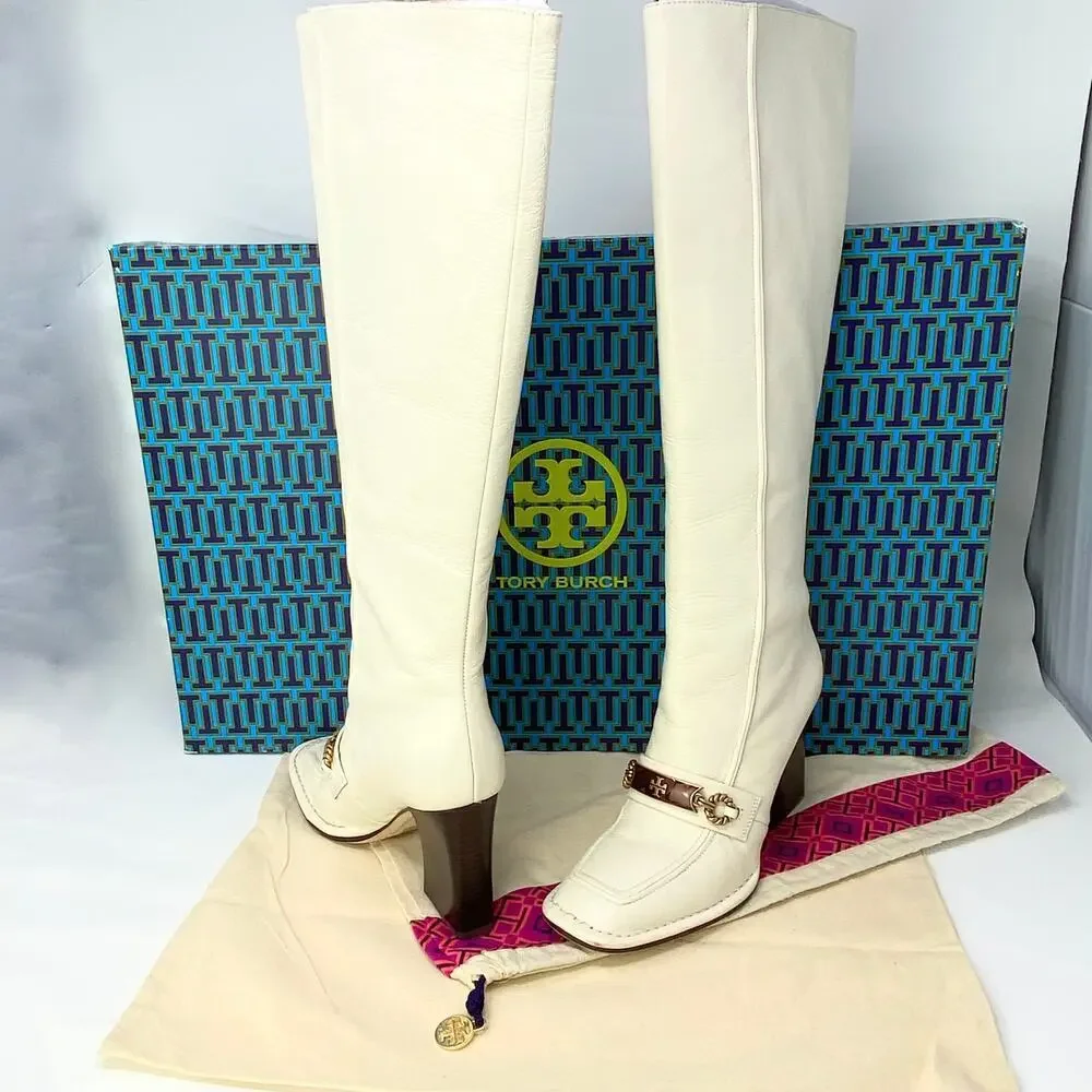 Tory Burch Logo Boots Tall Ivory Genuine Leather Knee High Size 6 Box Bag Incl